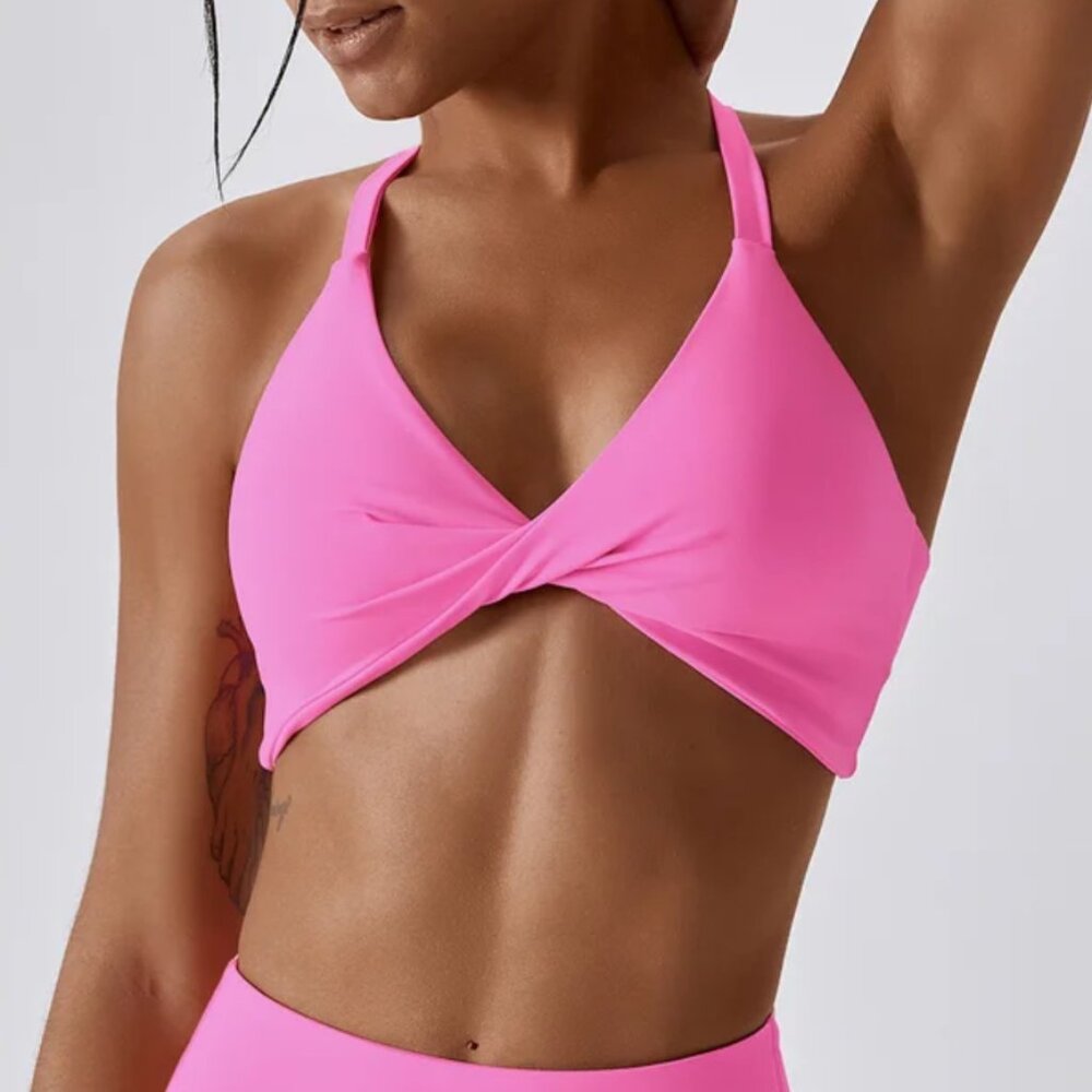 Womens Yoga Gym Fitness Running Sports Bra Twisted Front Bubblegum Pink Size S M